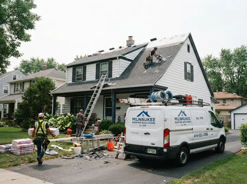 Roof installation team staging materials in Milwaukee Roof installation team staging materials in Milwaukee